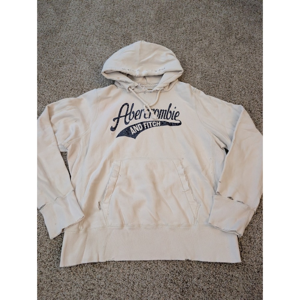 Abercrombie & Fitch Mens Distressed Thrashed Y2K Logo Hoodie Cream Large